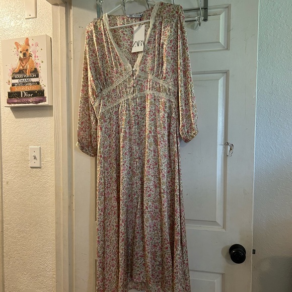 Zara Dresses & Skirts - Zara Floral Maxi Dress in Cream with Pink and Green Print